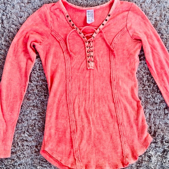 Free People Tops - Free People Peach-Pink Lace-Up Long Sleeve Top